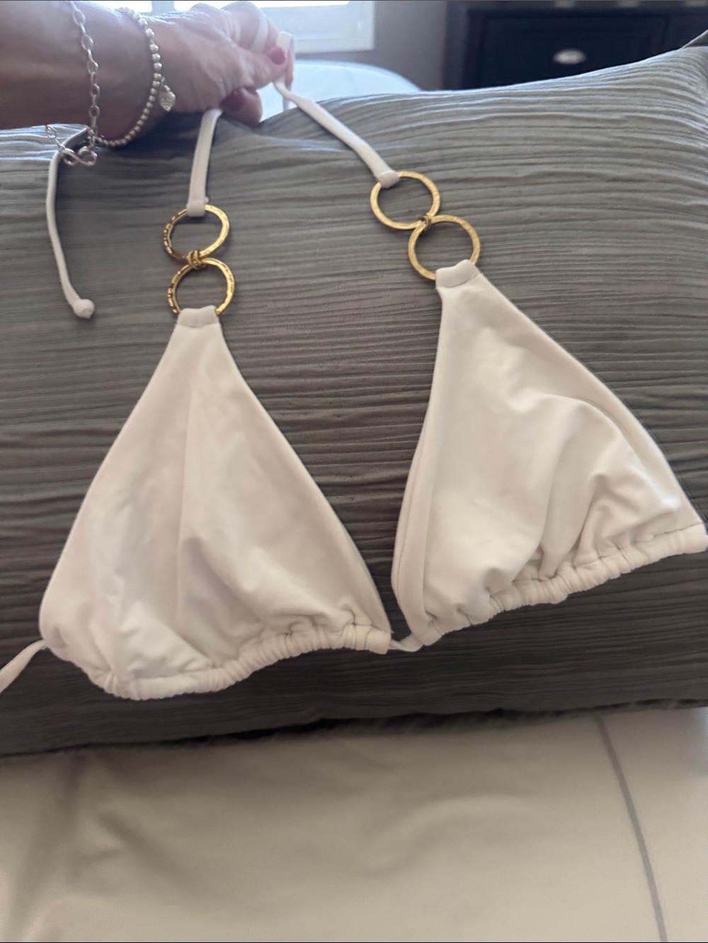 White Beach Bunny Nadia XL Triangle Bikini Top with Gold Ring Detail
